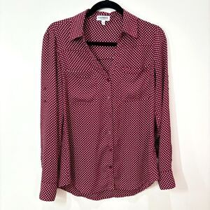 Express Portofino Shirt S Maroon Red White Polka Dots Lightweight Career Classy